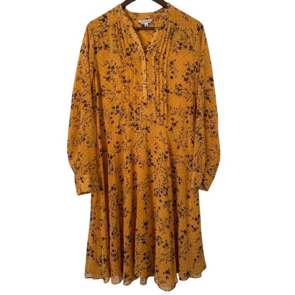 Nanette Lepore Sheer Dress 14 Mustard Floral Swiss Dot Midi Fit Flare Boho